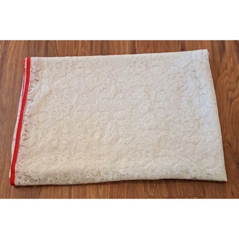 Vintage White Lace Tablecloth Rectangular Floral Red Trim Country Cottage 88x60